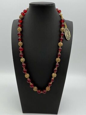 Vintage 1930s Miriam Haskell Red Glass Necklace with Rare Foil Tag